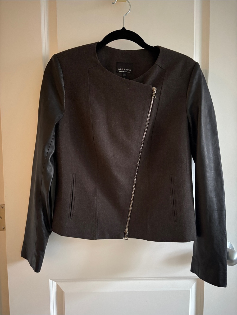 Asymmetrical Zip Black Wool-Blend Jacket with Leather Sleeves